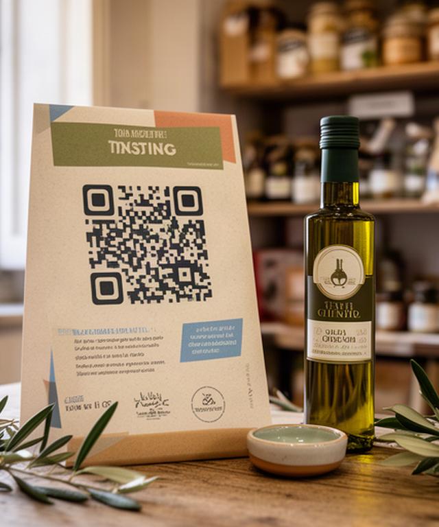 Cartello da tavolo per degustazione con QR code e informazioni su olio ligure in una bottega locale